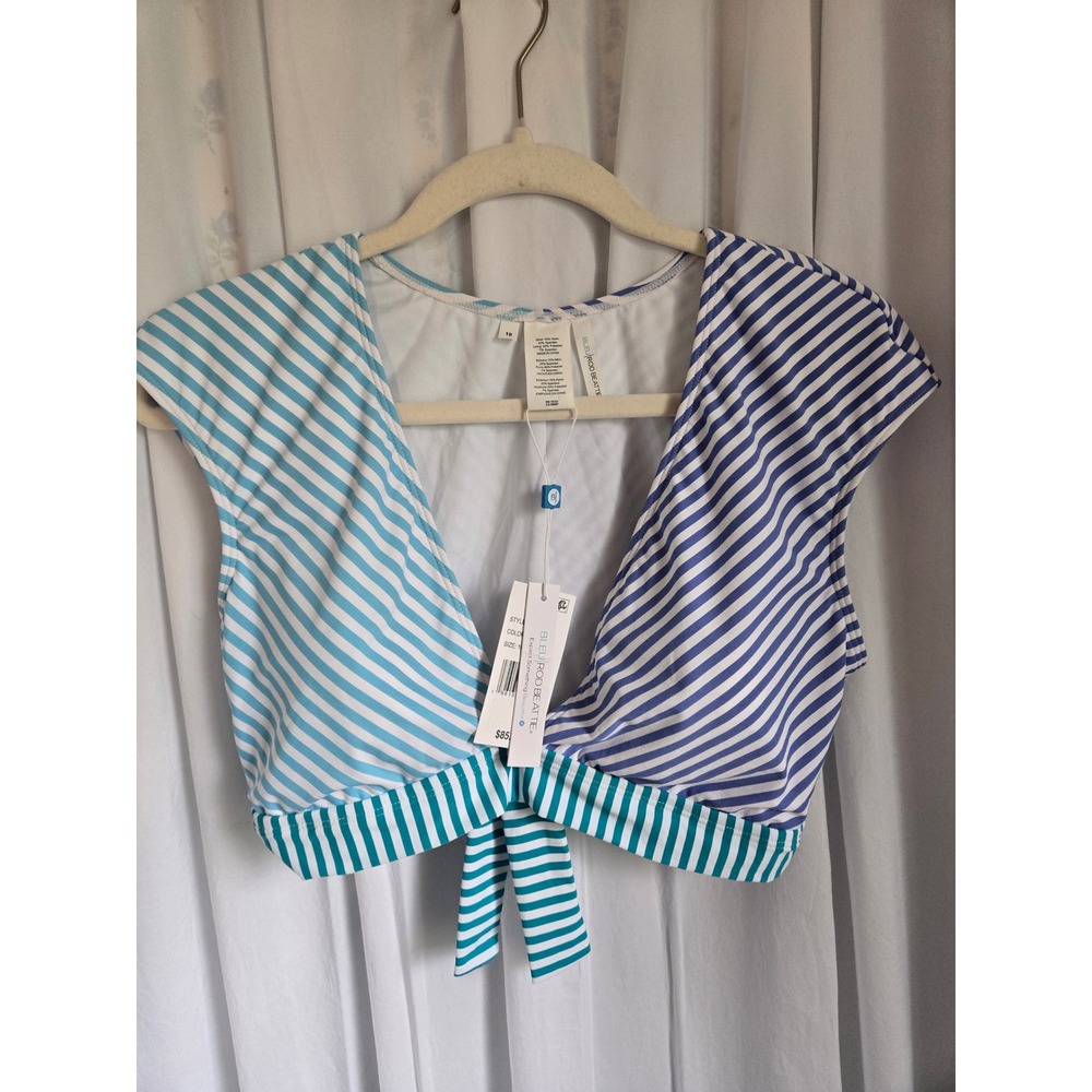Bleu Rod Beattie Striped V-Neck Cap Sleeve Bikini Top Multi Blue RBST23673